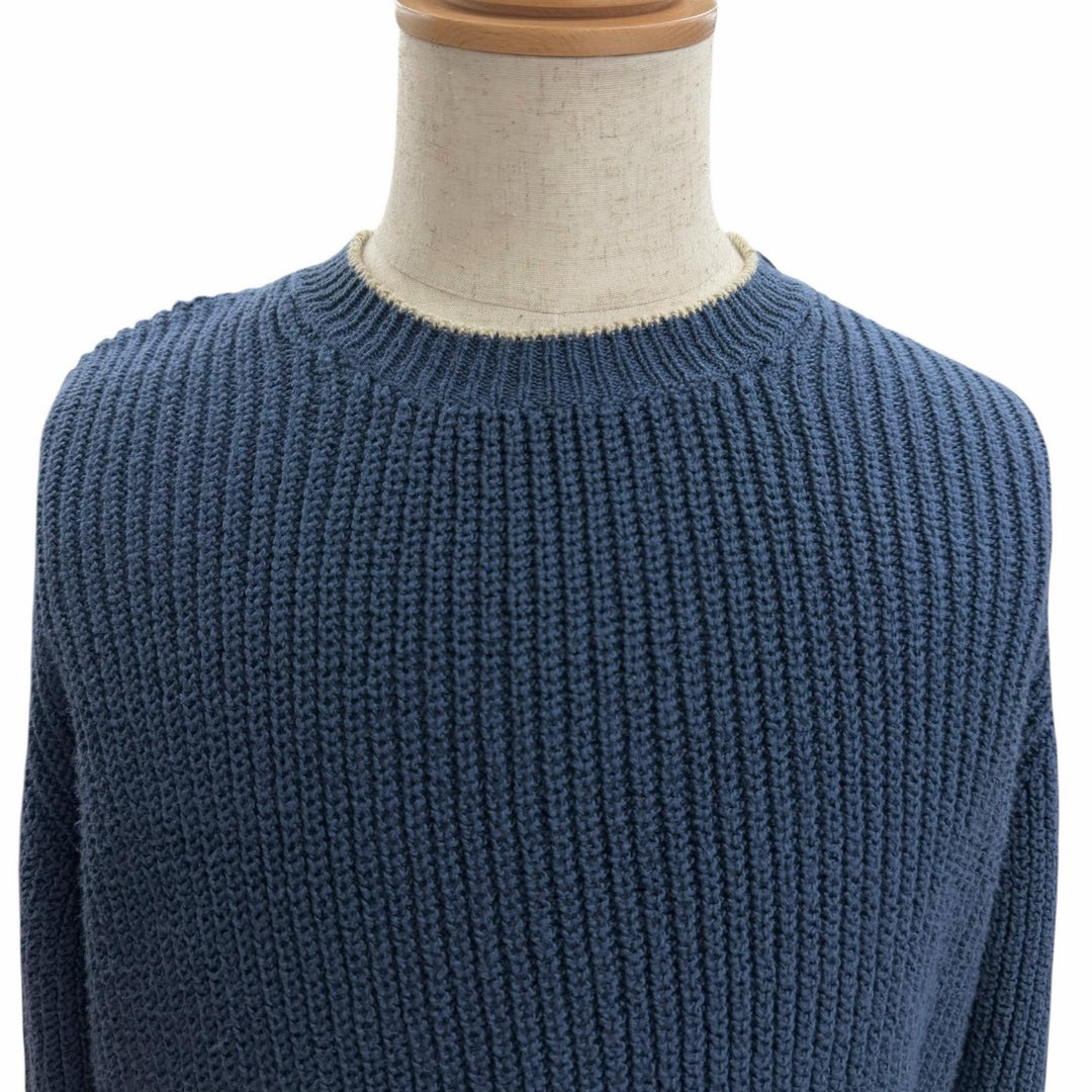 美品□Loro Piana ロロピアーナ コットン100％ クルーネック ロングスリーブニット セーター ブルー 48 イタリア製 正規品 メンズ　