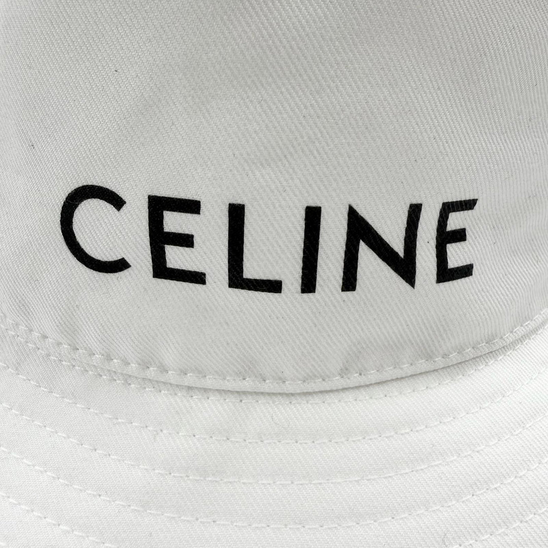極美品□CELINE セリーヌ 2AU5B968P コットン100％ ロゴプリント 帽子 バケットハット ホワイト L フランス製 正規品 メンズ 保存袋付き