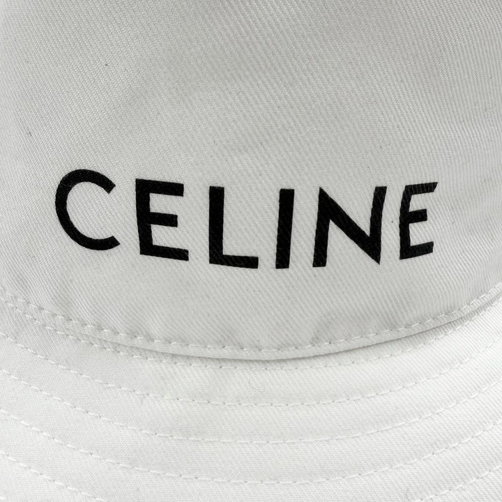 極美品□CELINE セリーヌ 2AU5B968P コットン100％ ロゴプリント 帽子 バケットハット ホワイト L フランス製 正規品 メンズ 保存袋付き
