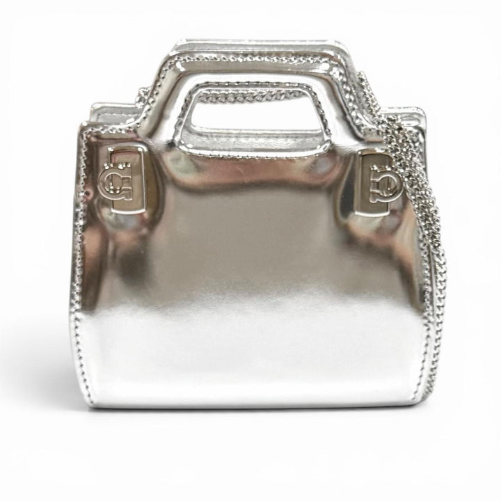 極美品★FERRAGAMO フェラガモ ワンダ ミニ ガンチーニ レザー 2WAY チェーンショルダー ポーチ ショルダーバッグ シルバー 保存袋付き