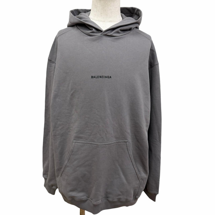 極美品□BALENCIAGA バレンシアガ 600583 ロゴ刺繍 エンブロイダリー プルオーバー スウェットパーカー フーディー グレー M 正規品　