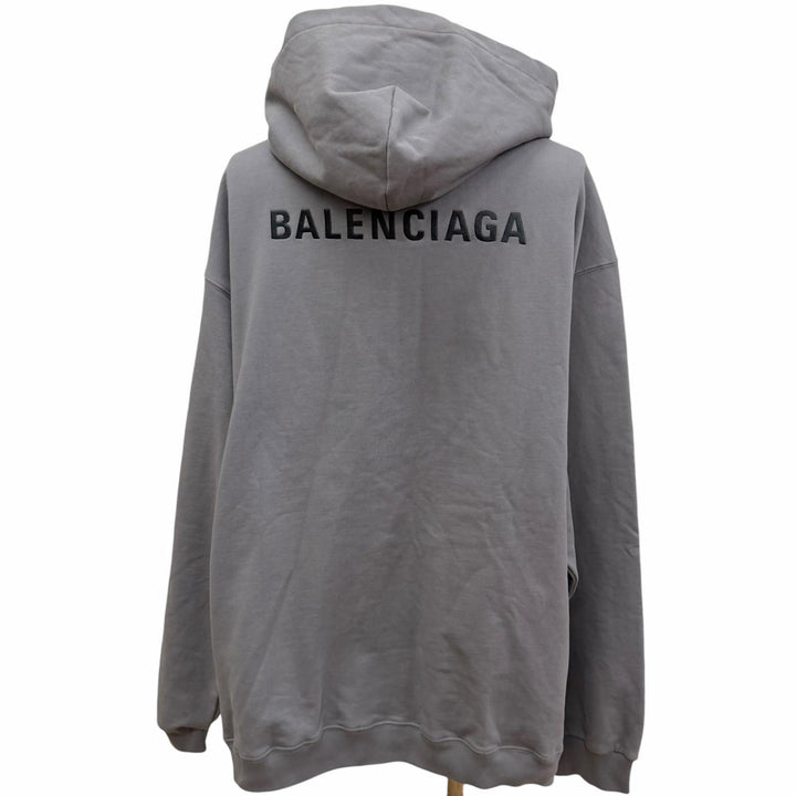 極美品□BALENCIAGA バレンシアガ 600583 ロゴ刺繍 エンブロイダリー プルオーバー スウェットパーカー フーディー グレー M 正規品　