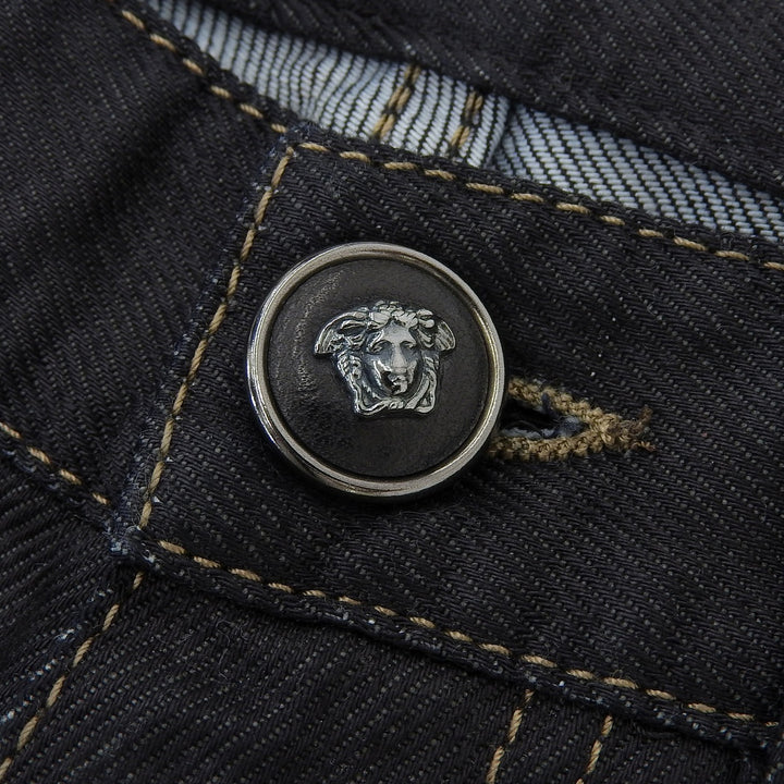 【ドンドン見直し】極美品▲VERSACE ヴェルサーチ メデューサボタン ロゴ金具 コットン100％ ブラックデニムパンツ 31 正規品