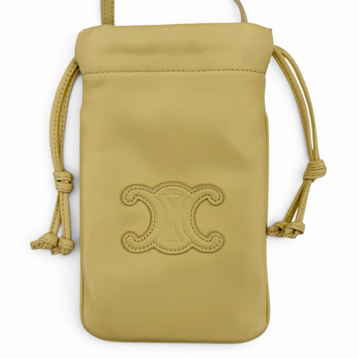 良品☆CELINE セリーヌ 10L163ETK キュイルトリオンフ ドローストリング レザー モバイルポーチ ショルダーバッグ ベージュ系 イタリア製