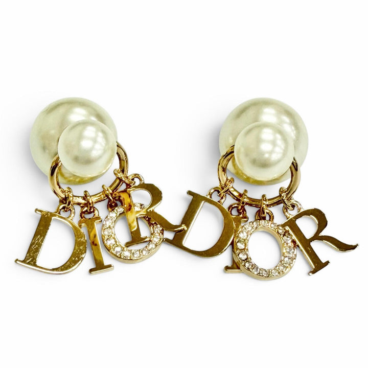 美品△DIOR ディオール E1411TRICY Tribales トライバル ピアス 両耳用 ロゴ レジンパール ラインストーン ゴールド 箱・保存袋付き