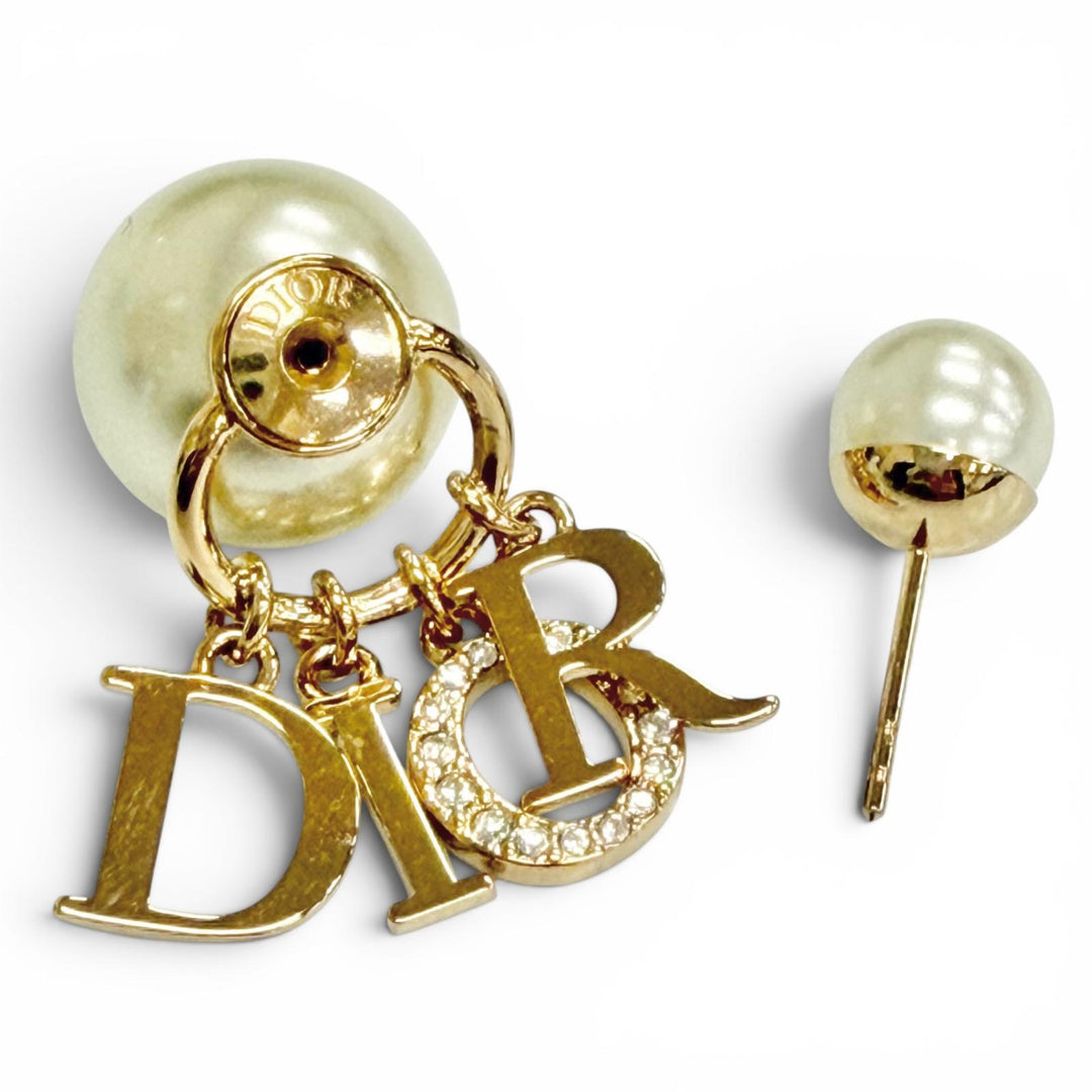 美品△DIOR ディオール E1411TRICY Tribales トライバル ピアス 両耳用 ロゴ レジンパール ラインストーン ゴールド 箱・保存袋付き
