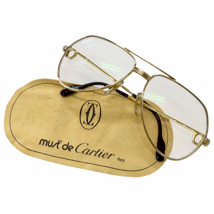 美品□Cartier カルティエ ヴィンテージ トリニティ 2Cデコール ツーブリッジ メガネ 眼鏡 ゴールド ボルドー 56□14 度入り フランス製