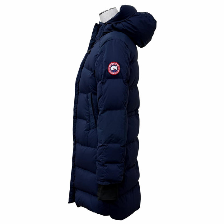 美品★CANADA GOOSE カナダグース 5077LA ALLISTON アリストン ロゴワッペン・フード付 比翼仕立て ダウンコート ネイビー M 正規品