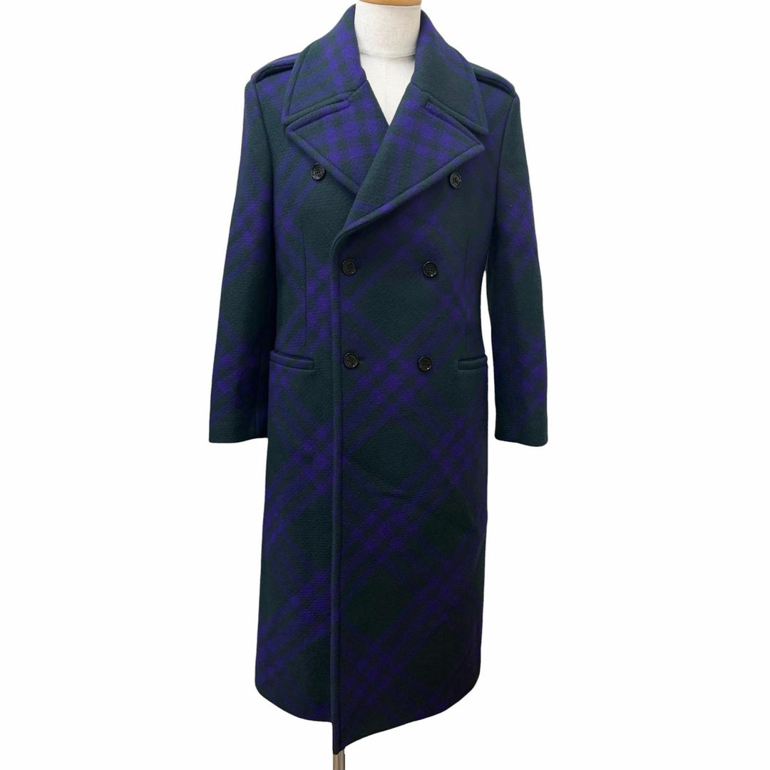 極美品□BURBERRY バーバリー 8076669 チェック柄 ダブルブレスト チェスターコート グリーン パープル 46 イタリア製 正規品 メンズ
