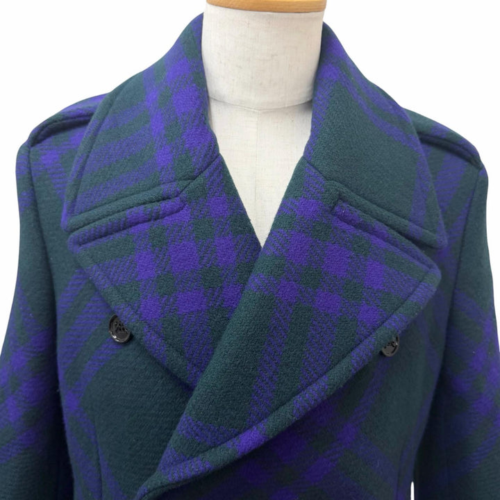 極美品□BURBERRY バーバリー 8076669 チェック柄 ダブルブレスト チェスターコート グリーン パープル 46 イタリア製 正規品 メンズ