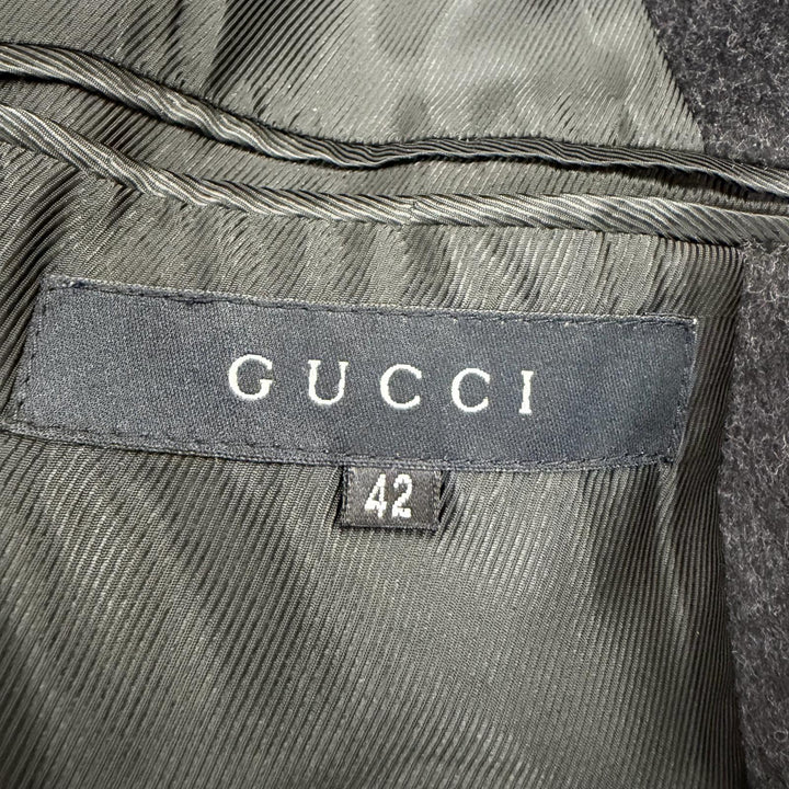 美品☆GUCCI グッチ 657 トムフォード期 レザー使い ZIP UP ロング丈 コート ダークグレー 42 伊製 レディース ガーメント・ハンガー付き