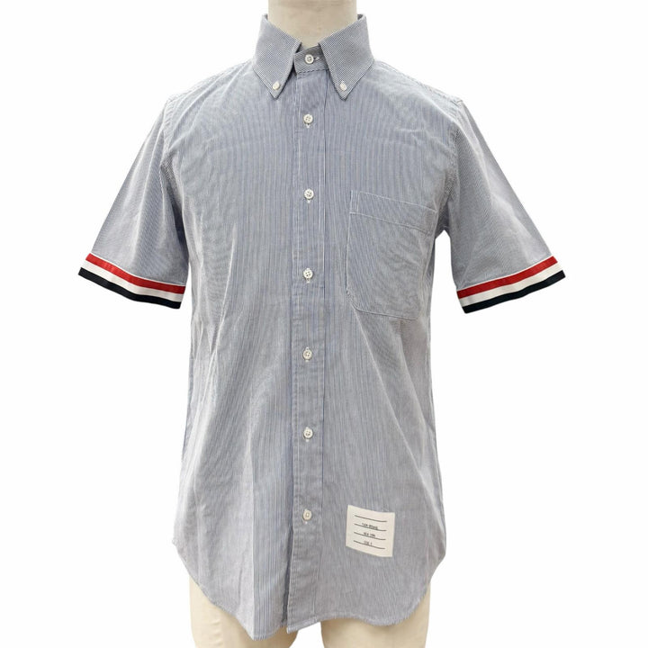 極美品▼THOM BROWNE トムブラウン MWS252A-06272-415 SHORT-SLEEVED SHIRTS コットン ストライプ柄 ボタンダウン 半袖シャツ 0 正規品
