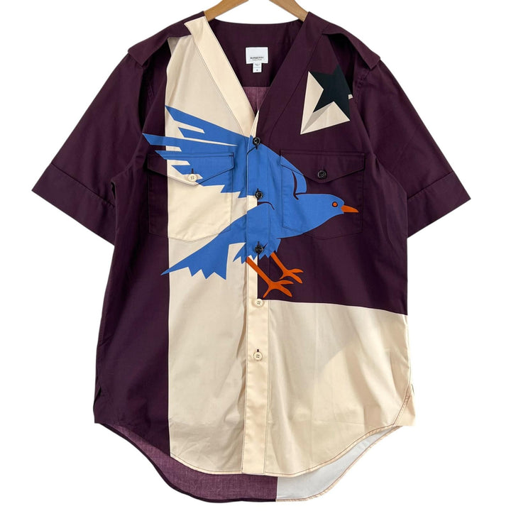 極美品▲BURBERRY バーバリー 8045396 コットン100% ロゴボタン バードプリント 半袖シャツ マルチカラー M イタリア製 正規品 メンズ
