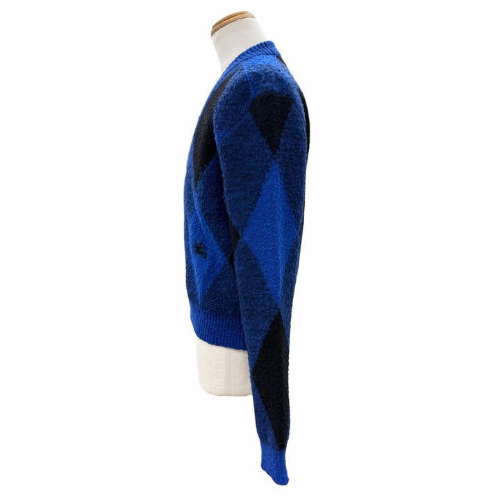 未使用品▼BURBERRY バーバリー 8077754 Argyle Check ウール100% アーガイル柄 Vネック カーディガン ブルー ブラック M 正規品 メンズ