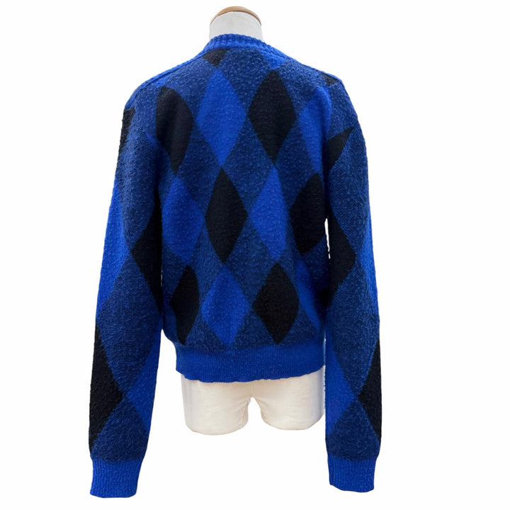 未使用品▼BURBERRY バーバリー 8077754 Argyle Check ウール100% アーガイル柄 Vネック カーディガン ブルー ブラック M 正規品 メンズ