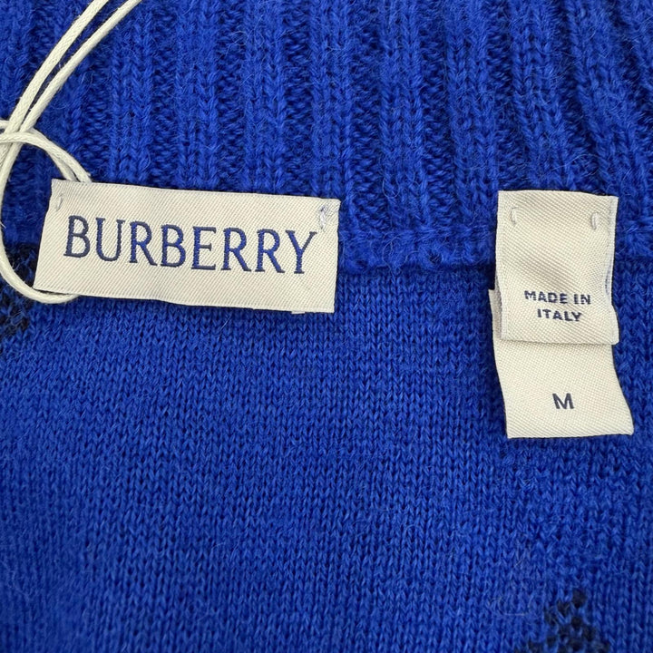 未使用品▼BURBERRY バーバリー 8077754 Argyle Check ウール100% アーガイル柄 Vネック カーディガン ブルー ブラック M 正規品 メンズ