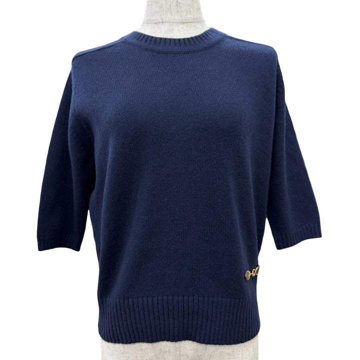 極美品△GUCCI グッチ 22SS 628389 カシミヤ100％ ホースビット付き クルーネック 七分袖 ニット セーター ネイビー S イタリア製 正規品