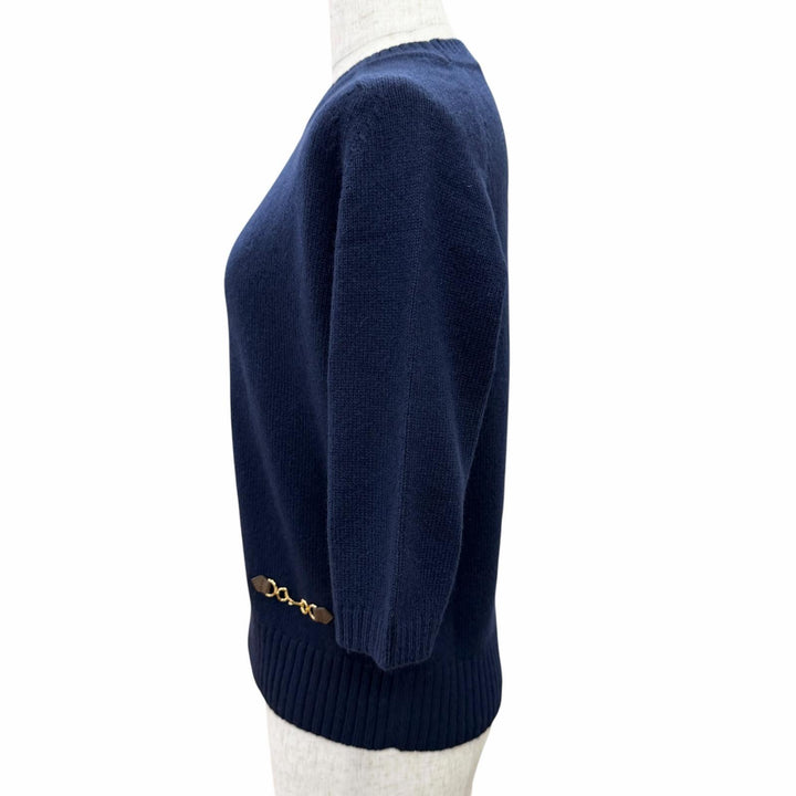 極美品△GUCCI グッチ 22SS 628389 カシミヤ100％ ホースビット付き クルーネック 七分袖 ニット セーター ネイビー S イタリア製 正規品