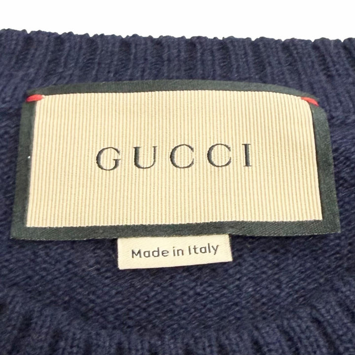 極美品△GUCCI グッチ 22SS 628389 カシミヤ100％ ホースビット付き クルーネック 七分袖 ニット セーター ネイビー S イタリア製 正規品