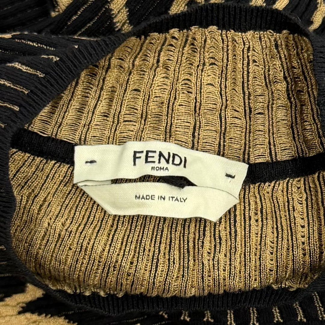 極美品★FENDI フェンディ FZD782 バロック柄 袖口フリル ハイネック ロング丈 ニット ワンピース ブラック ブラウン 38 伊製 正規品