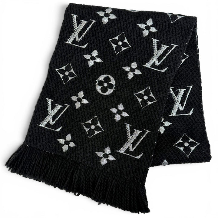 美品△LOUIS VUITTON ルイヴィトン M75833 エシャルプ ロゴマニアシャイン ウール シルク モノグラム フリンジ マフラー ブラック 正規品