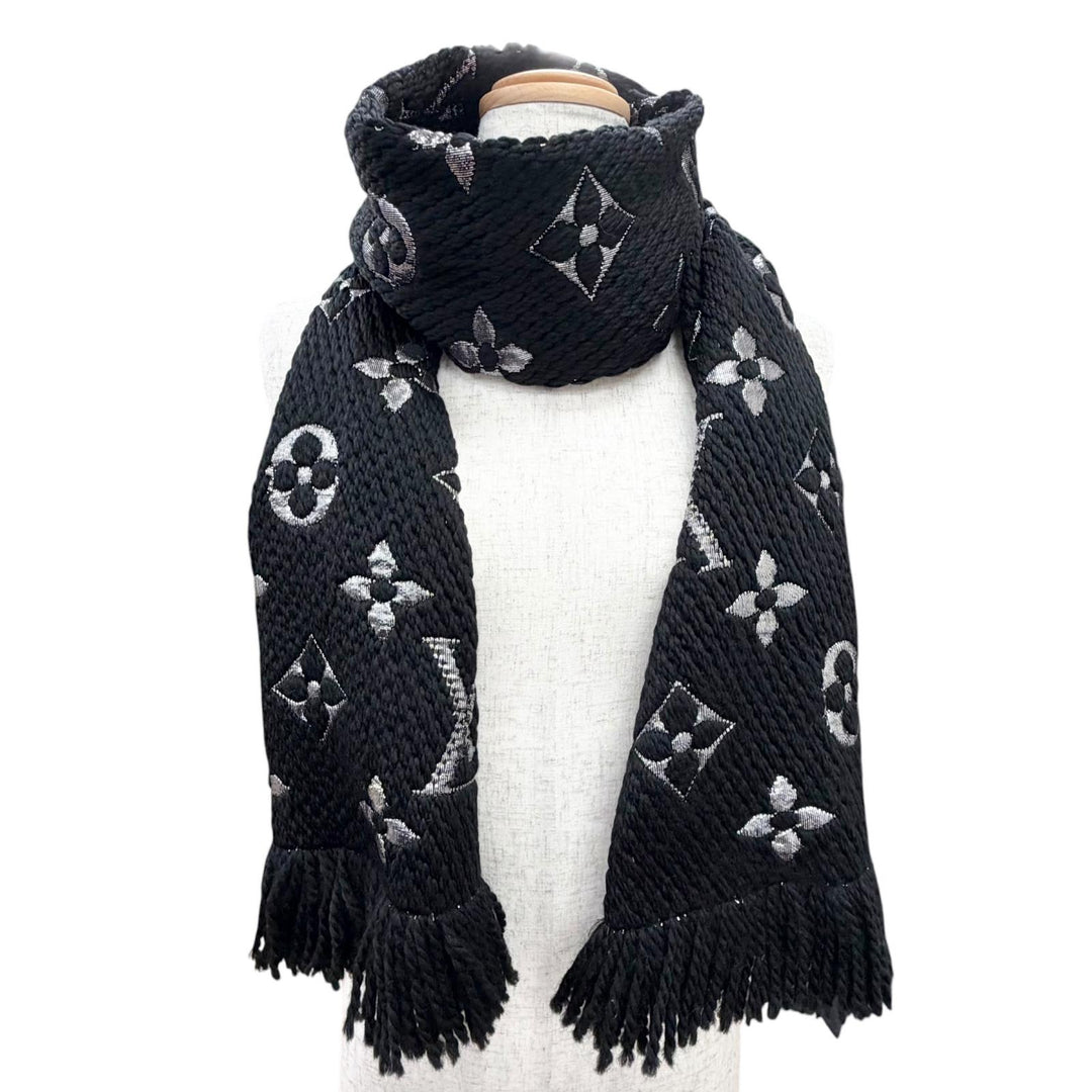 美品△LOUIS VUITTON ルイヴィトン M75833 エシャルプ ロゴマニアシャイン ウール シルク モノグラム フリンジ マフラー ブラック 正規品