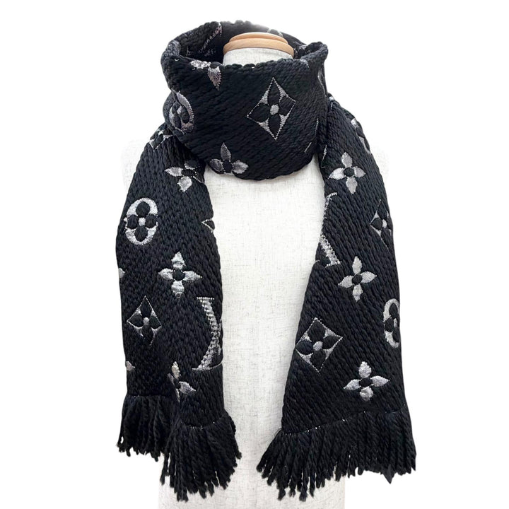 美品△LOUIS VUITTON ルイヴィトン M75833 エシャルプ ロゴマニアシャイン ウール シルク モノグラム フリンジ マフラー ブラック 正規品