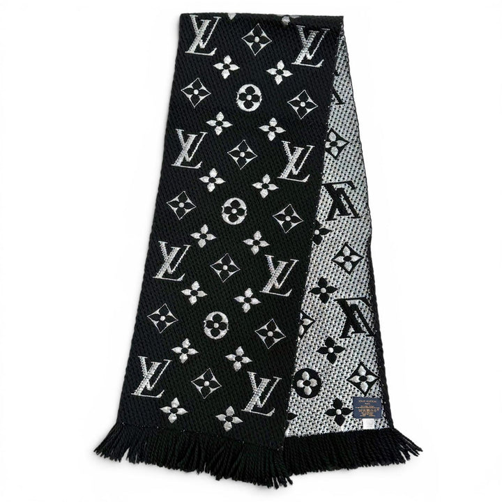 美品△LOUIS VUITTON ルイヴィトン M75833 エシャルプ ロゴマニアシャイン ウール シルク モノグラム フリンジ マフラー ブラック 正規品