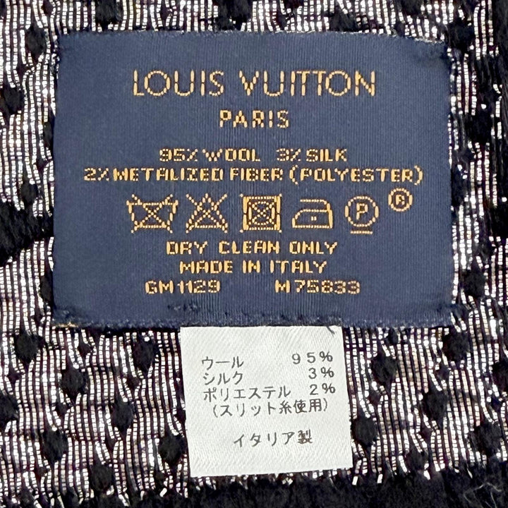 美品△LOUIS VUITTON ルイヴィトン M75833 エシャルプ ロゴマニアシャイン ウール シルク モノグラム フリンジ マフラー ブラック 正規品