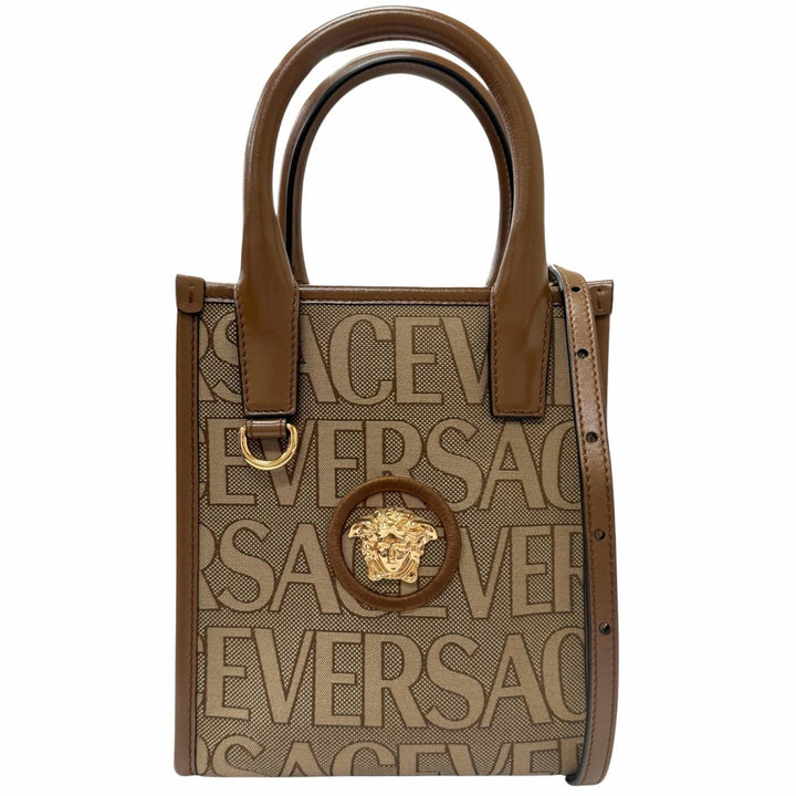 極美品□VERSACE ヴェルサーチ ヴェルサーチェ ラ メデューサ キャンバス レザー 2WAY ハンドバッグ ショルダーバッグ ベージュ ブラウン