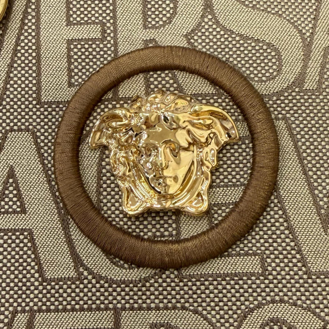 極美品□VERSACE ヴェルサーチ ヴェルサーチェ ラ メデューサ キャンバス レザー 2WAY ハンドバッグ ショルダーバッグ ベージュ ブラウン