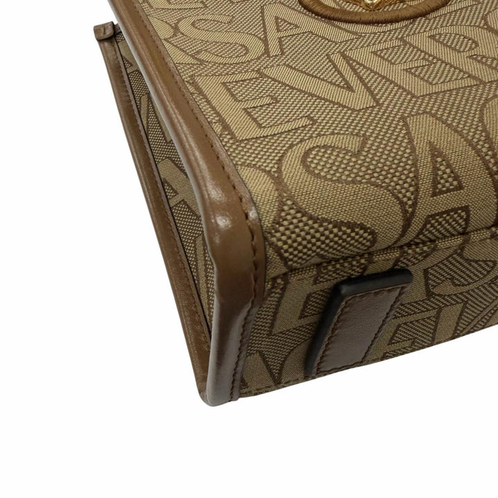 極美品□VERSACE ヴェルサーチ ヴェルサーチェ ラ メデューサ キャンバス レザー 2WAY ハンドバッグ ショルダーバッグ ベージュ ブラウン