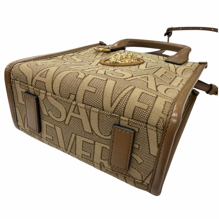 極美品□VERSACE ヴェルサーチ ヴェルサーチェ ラ メデューサ キャンバス レザー 2WAY ハンドバッグ ショルダーバッグ ベージュ ブラウン