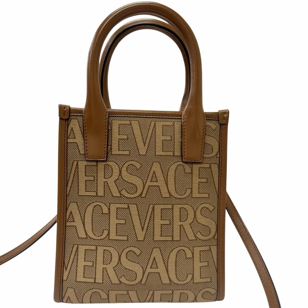 極美品□VERSACE ヴェルサーチ ヴェルサーチェ ラ メデューサ キャンバス レザー 2WAY ハンドバッグ ショルダーバッグ ベージュ ブラウン