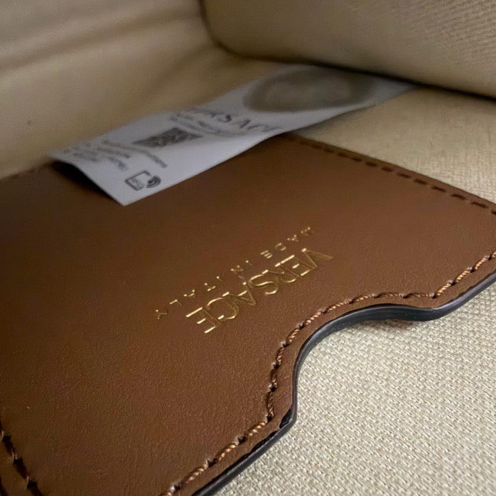 極美品□VERSACE ヴェルサーチ ヴェルサーチェ ラ メデューサ キャンバス レザー 2WAY ハンドバッグ ショルダーバッグ ベージュ ブラウン