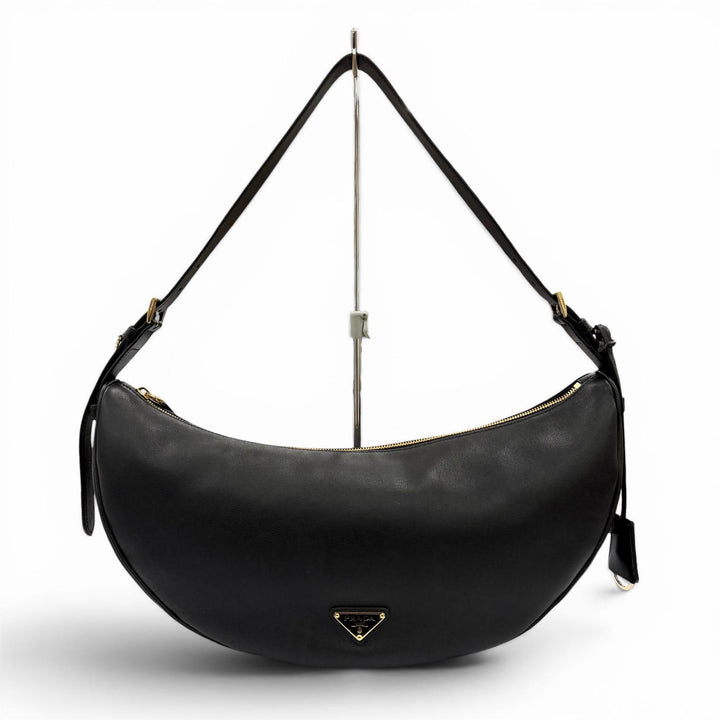極美品◇PRADA プラダ 1BC255 ドゥミリュンヌ トライアングルロゴ レザー ショルダーバッグ ブラック イタリア製 レディース 保存袋付き