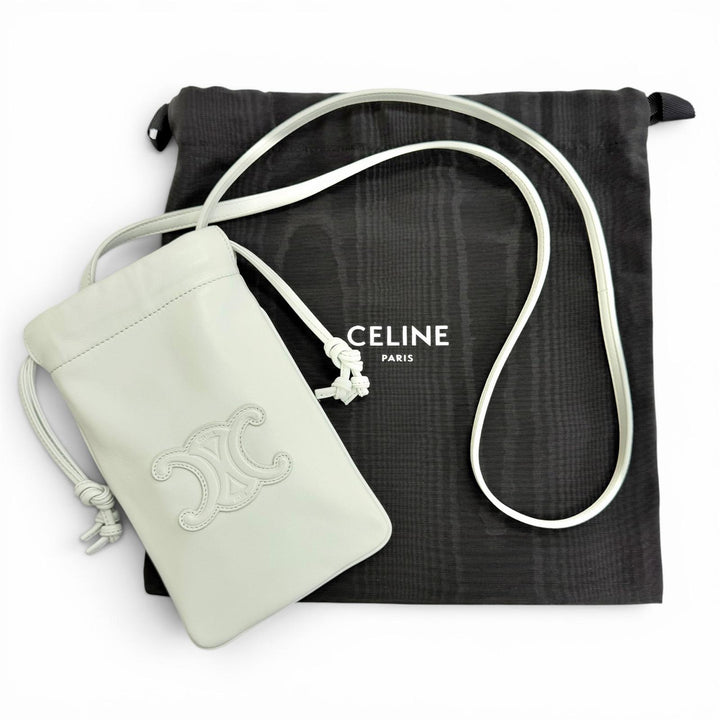 良品△CELINE セリーヌ 10L163ETK レザー キュイルトリオンフ ドローストリング モバイルポーチ フォンケース ショルダーバッグ グリーン