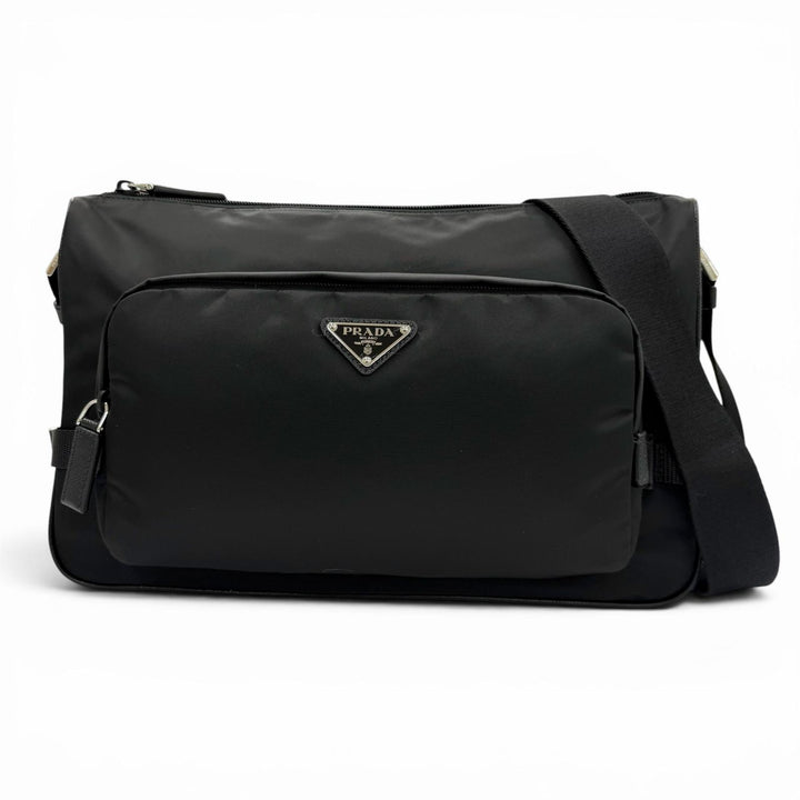 極美品▼PRADA プラダ 2VH191 ナイロン レザー トライアングルロゴ 三角プレート Re-Nylon ショルダーバッグ ブラック イタリア製 メンズ