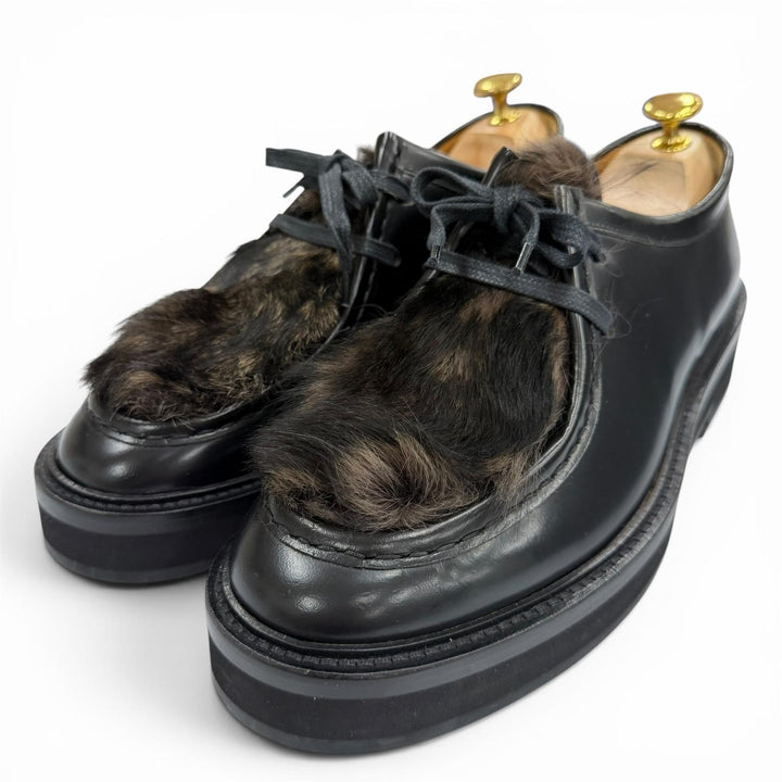 極美品▼Paul Smith ポールスミス ファー装飾 レースアップ チロリアンシューズ レザーシューズ ブラック 8 イタリア製 メンズ
