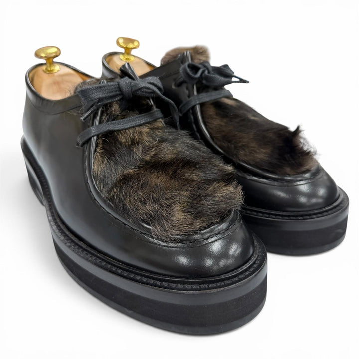 極美品▼Paul Smith ポールスミス ファー装飾 レースアップ チロリアンシューズ レザーシューズ ブラック 8 イタリア製 メンズ