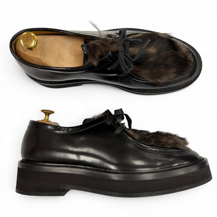 極美品▼Paul Smith ポールスミス ファー装飾 レースアップ チロリアンシューズ レザーシューズ ブラック 8 イタリア製 メンズ