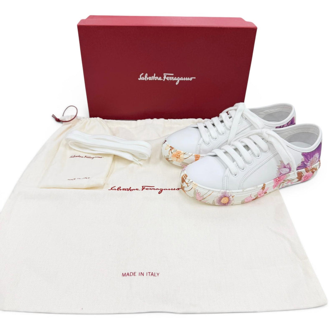極美品☆Salvatore Ferragamo サルヴァトーレフェラガモ BORG PRINT フローラルプリント レザー スニーカー ホワイト ピンク系 5.5