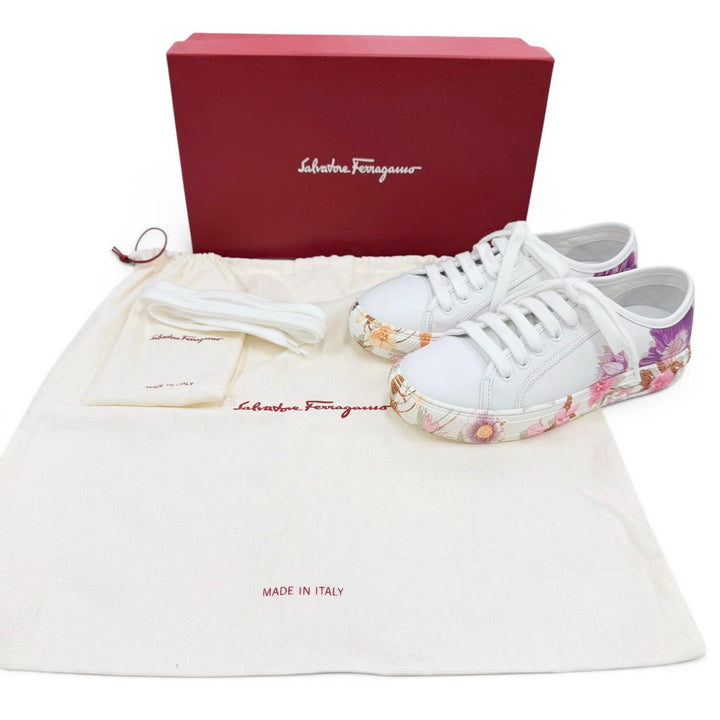 極美品☆Salvatore Ferragamo サルヴァトーレフェラガモ BORG PRINT フローラルプリント レザー スニーカー ホワイト ピンク系 5.5