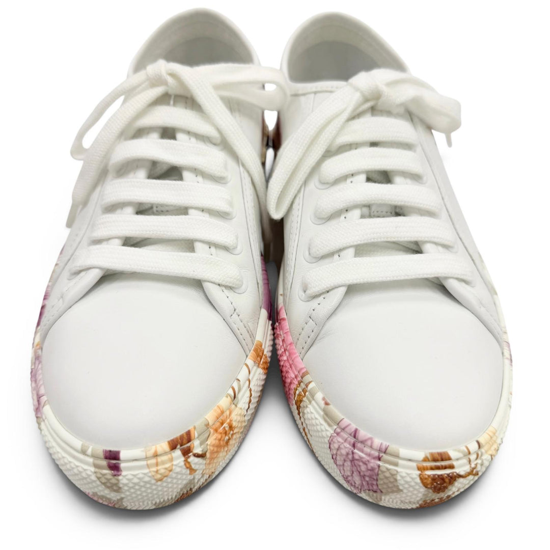 極美品☆Salvatore Ferragamo サルヴァトーレフェラガモ BORG PRINT フローラルプリント レザー スニーカー ホワイト ピンク系 5.5