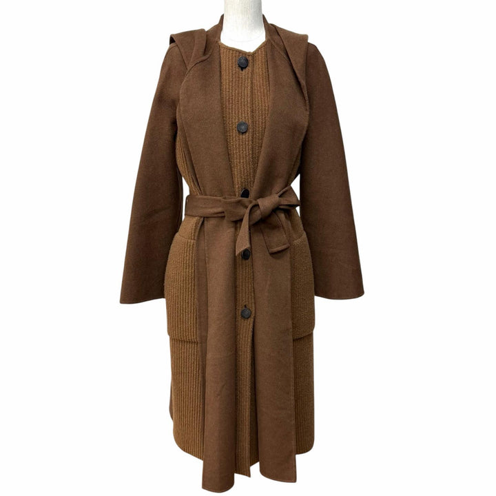 極美品★HERMES エルメス 23AW 3H0142DB カシミヤ混 セリエボタン ベルト付 ニット切替 フーテッドコート ブラウン 40 伊製 正規品
