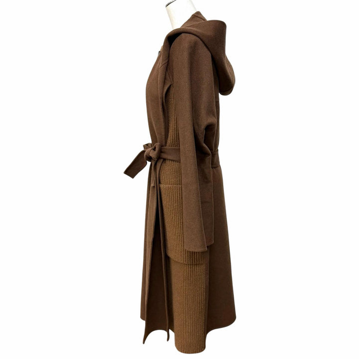 極美品★HERMES エルメス 23AW 3H0142DB カシミヤ混 セリエボタン ベルト付 ニット切替 フーテッドコート ブラウン 40 伊製 正規品