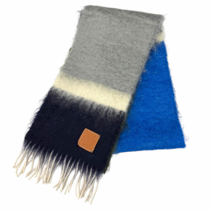極美品★LOEWE ロエベ 28003861 モヘア ウール混 レザーアナグラムロゴパッチ ボーダー柄 フリンジ マフラー マルチ スペイン製 正規品