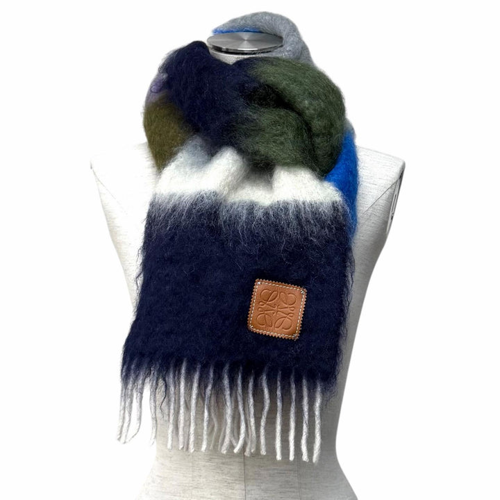 極美品★LOEWE ロエベ 28003861 モヘア ウール混 レザーアナグラムロゴパッチ ボーダー柄 フリンジ マフラー マルチ スペイン製 正規品