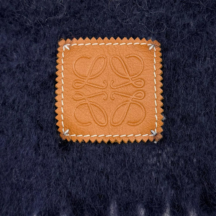 極美品★LOEWE ロエベ 28003861 モヘア ウール混 レザーアナグラムロゴパッチ ボーダー柄 フリンジ マフラー マルチ スペイン製 正規品