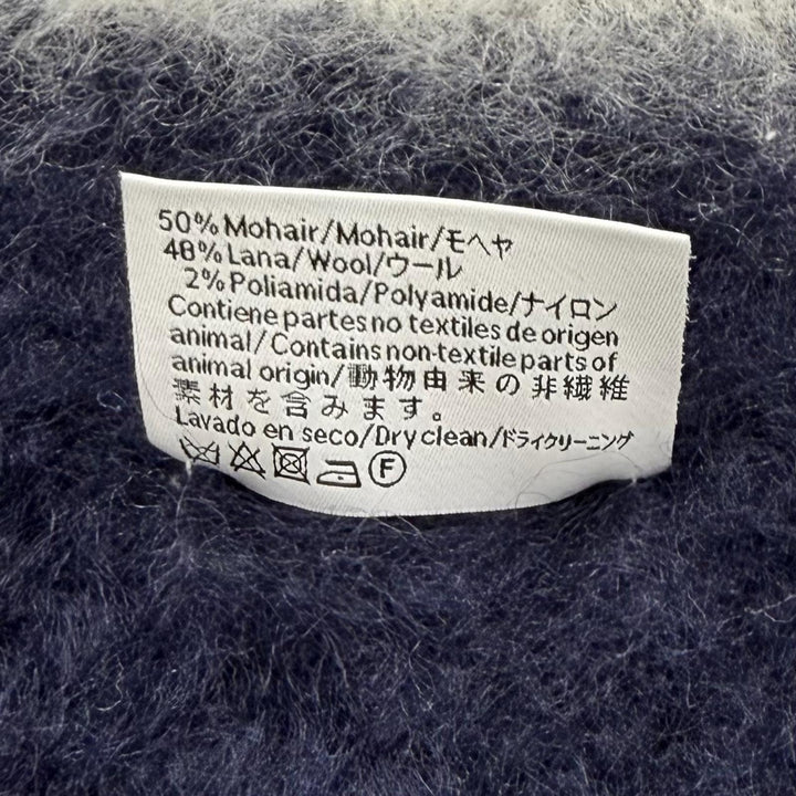 極美品★LOEWE ロエベ 28003861 モヘア ウール混 レザーアナグラムロゴパッチ ボーダー柄 フリンジ マフラー マルチ スペイン製 正規品